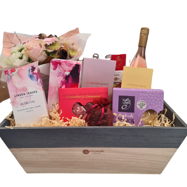 Indulgence Gift Box pamper and gourmet food wine and flowers gift box christchurch