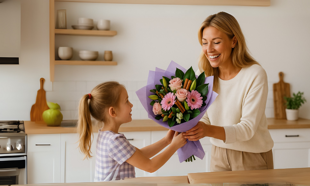 girl gives women flower delivery in kitchen soft pink flowers