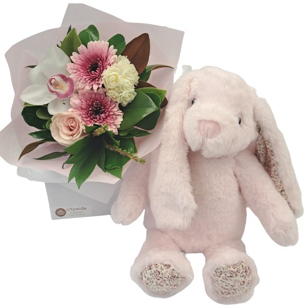 soft toy bunny and flower bouquet gift set