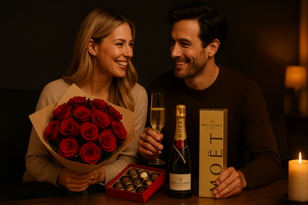 1 Dozen Roses, Moet and Hand-Made Chocolates