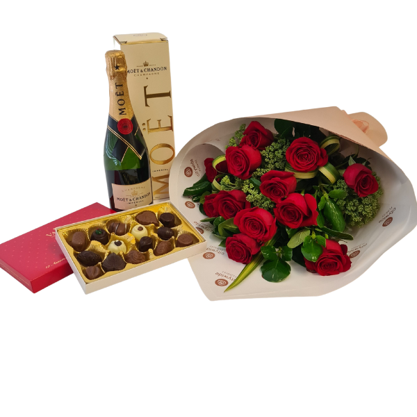 1 Dozen Roses, Moet and Hand-Made Chocolates
